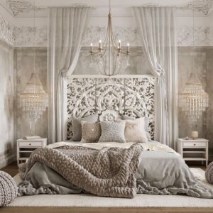 A luxurious hand-carved wooden headboard